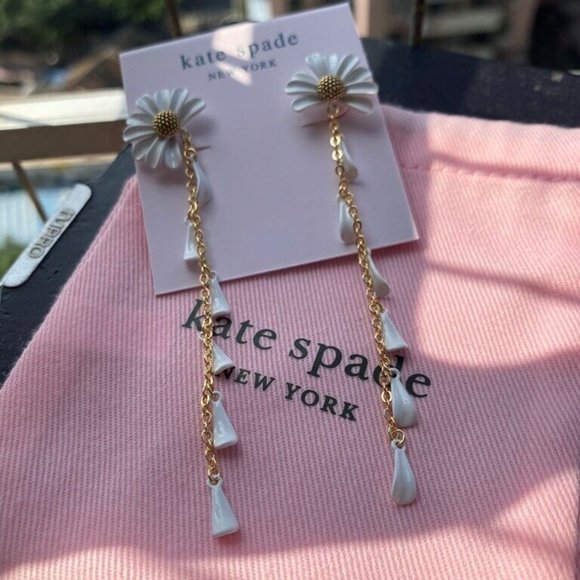 Kate Spade New York Daisy Flower Linear Statement Dangle Earrings White Gold